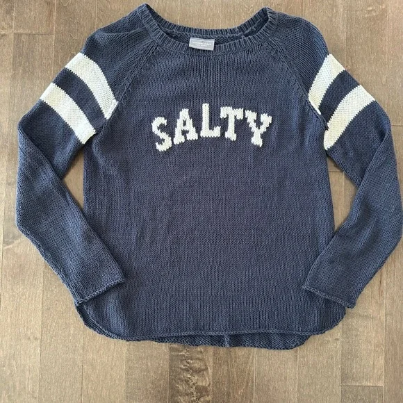 Wooden Ships SALTY Sweater Loose Knit Striped Coastal Preppy Navy White M/L - Picture 1 of 7